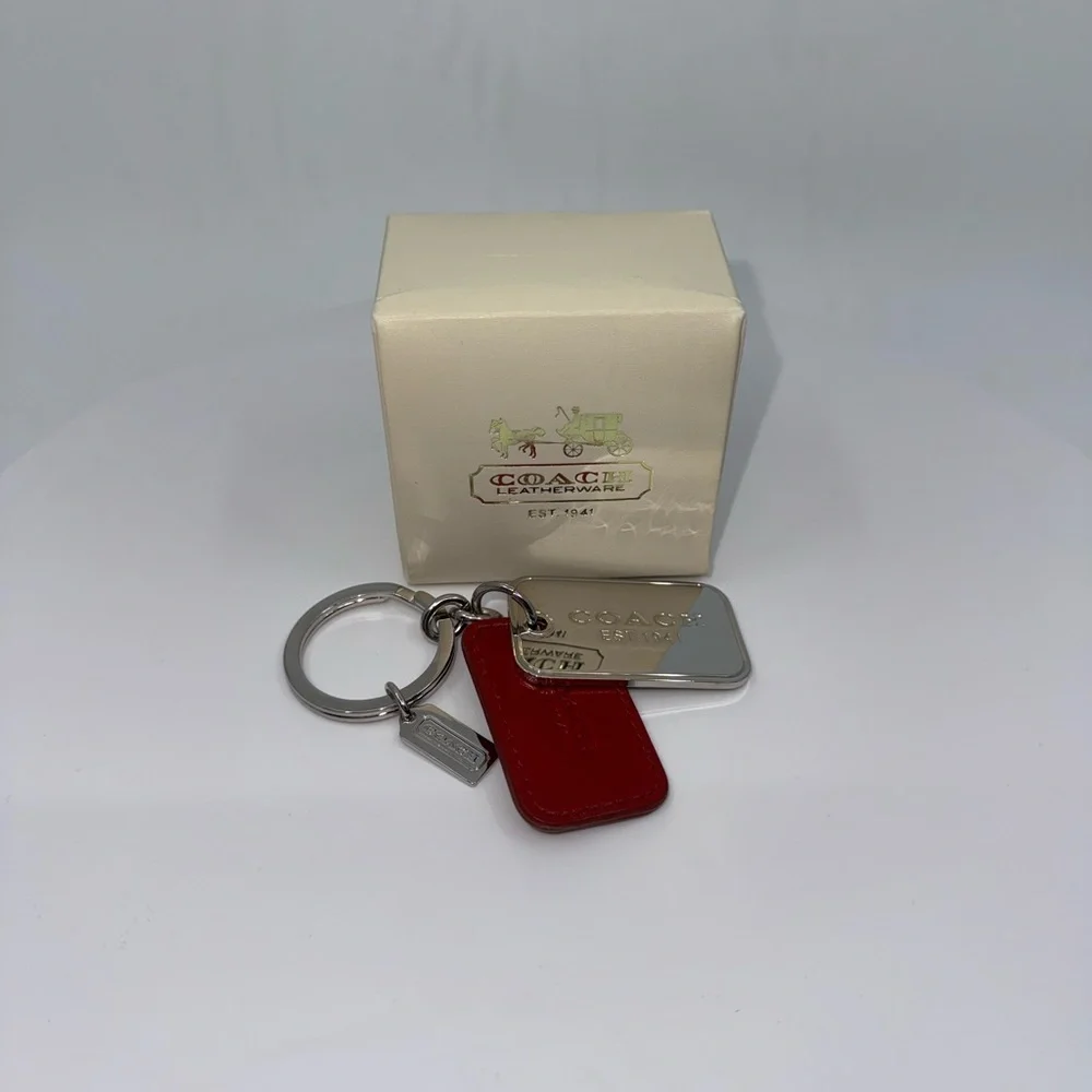 Coach Silver Keychain Keyring Red Leather and Silver Tags LIKE NEW CONDITION